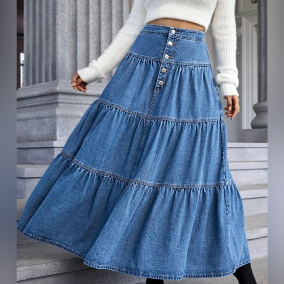 Denim Tiered Layered Long Skirt - Picture 2 of 4